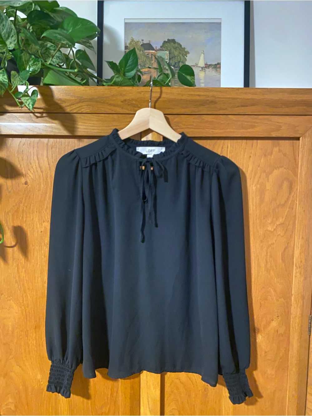 LOFT Black Long-Sleeve Tie-Neck Blouse